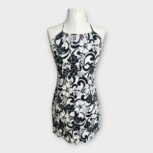 Vintage Y2K Byer Too! Hawaiin Print Halter Mini Dress Black & White 13 Beachy